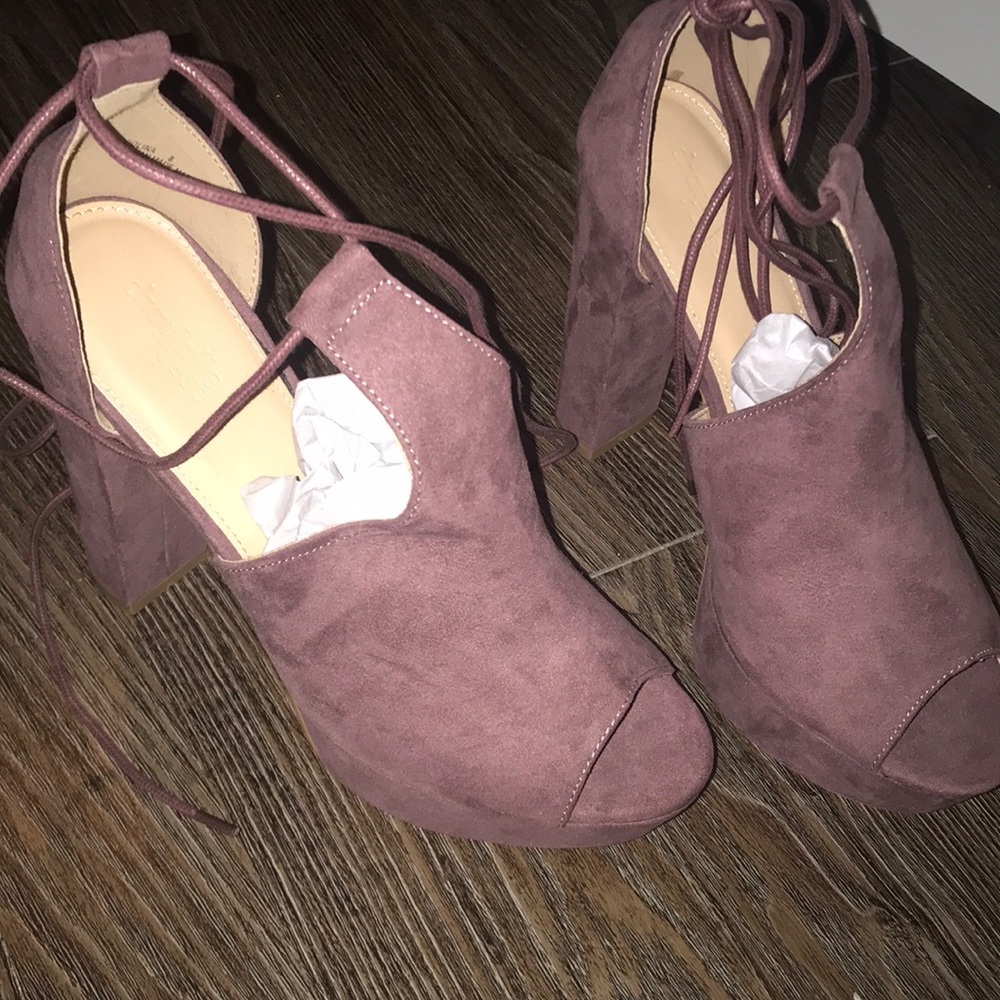 Plum colored tie up pumps